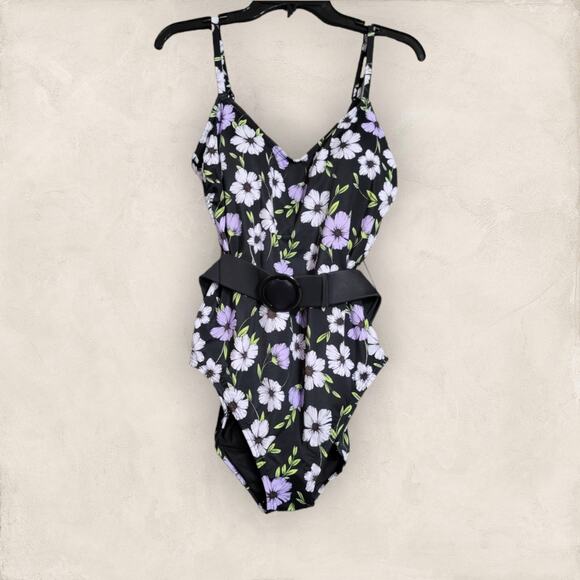 Beach Betty by Miracle Brands One Piece Black Floral Print With Belt Size Large - Picture 1 of 9